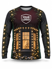 Front of Bay Window Glow Christmas light installer shirt: dark maroon and charcoal with a glowing bay window framed in warm lights and a decorated tree inside