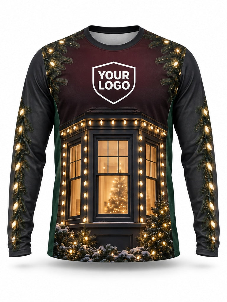 Front of Bay Window Glow Christmas light installer shirt: dark maroon and charcoal with a glowing bay window framed in warm lights and a decorated tree inside