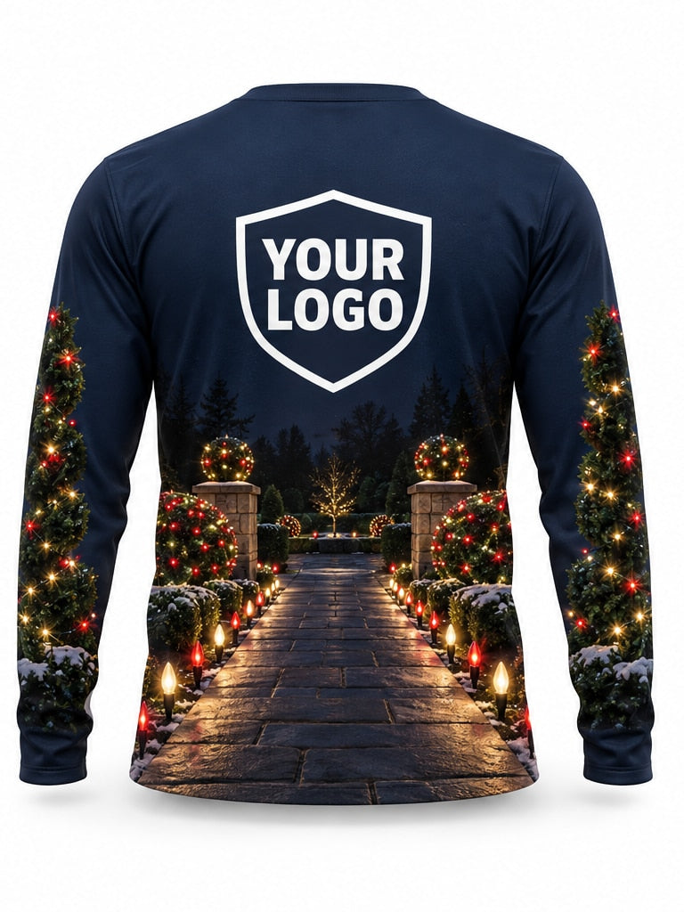 Back of Midnight Courtyard Christmas light installer shirt: navy with a stone walkway lined with light-wrapped topiaries, large logo area