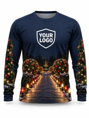 Front of Midnight Courtyard Christmas light installer shirt: navy with a stone walkway lined with light-wrapped topiaries