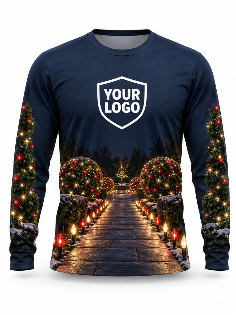 Front of Midnight Courtyard Christmas light installer shirt: navy with a stone walkway lined with light-wrapped topiaries