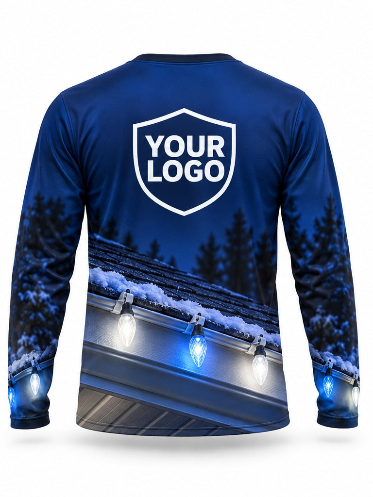 Back of Frostline Detail Christmas light installer shirt: royal blue with a snowy gutter line hung with blue and white C9 bulbs, large logo area
