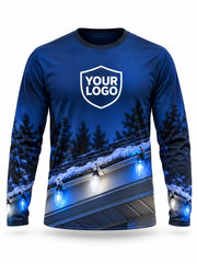 Front of Frostline Detail Christmas light installer shirt: royal blue with a snowy gutter line hung with blue and white C9 bulbs