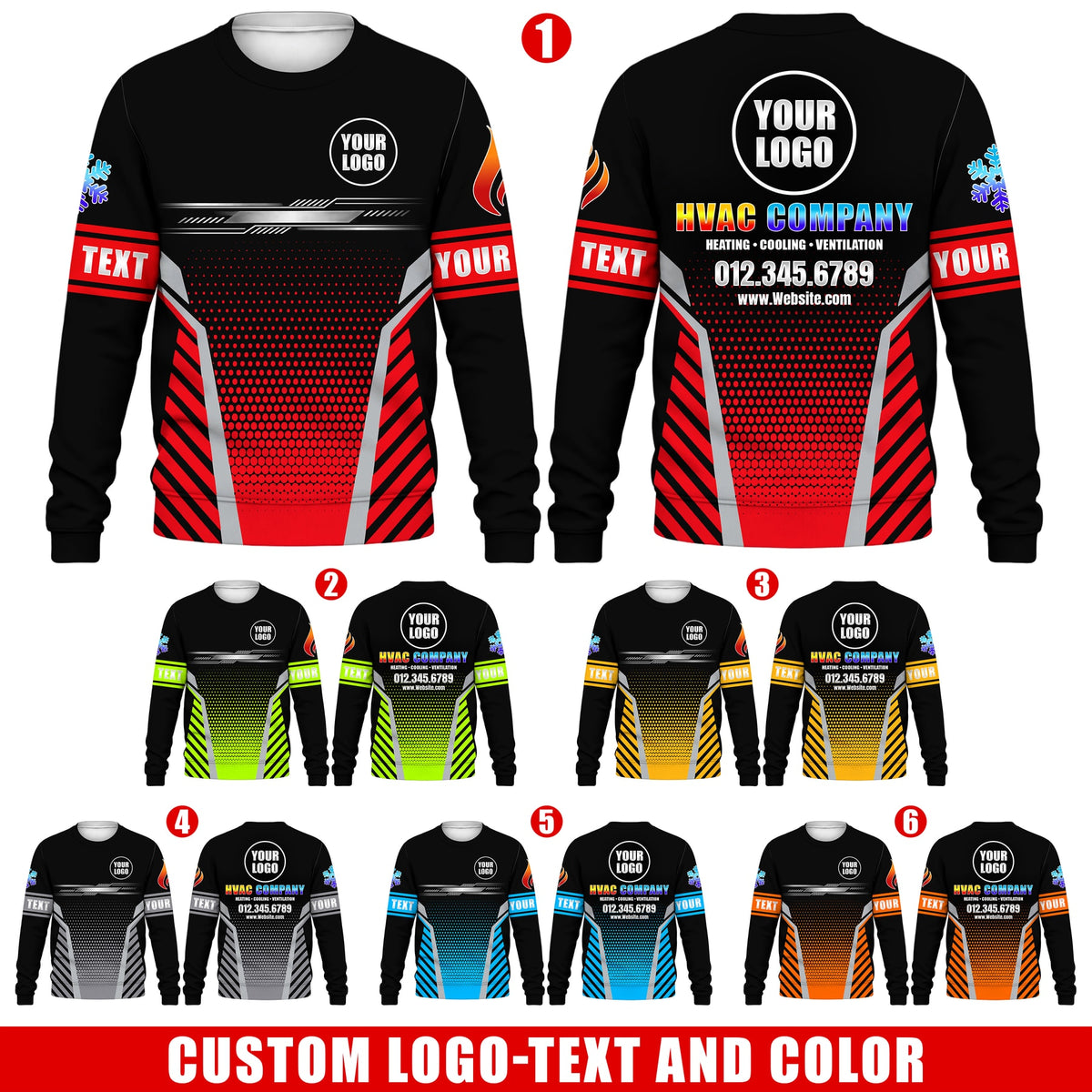 Hex Grid custom HVAC long sleeve shirt – six color overview