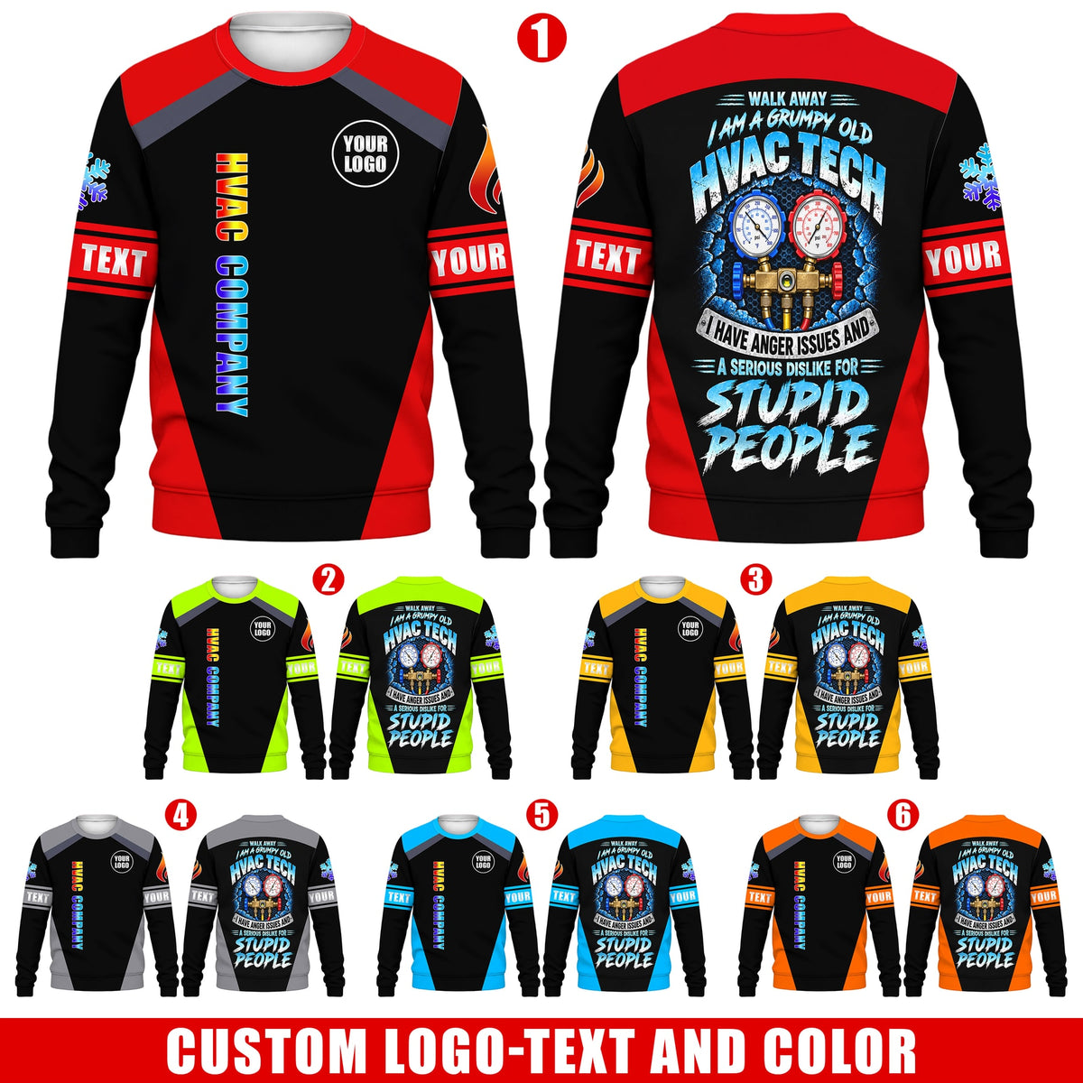 Grumpy Tech custom HVAC long sleeve shirt – six color overview