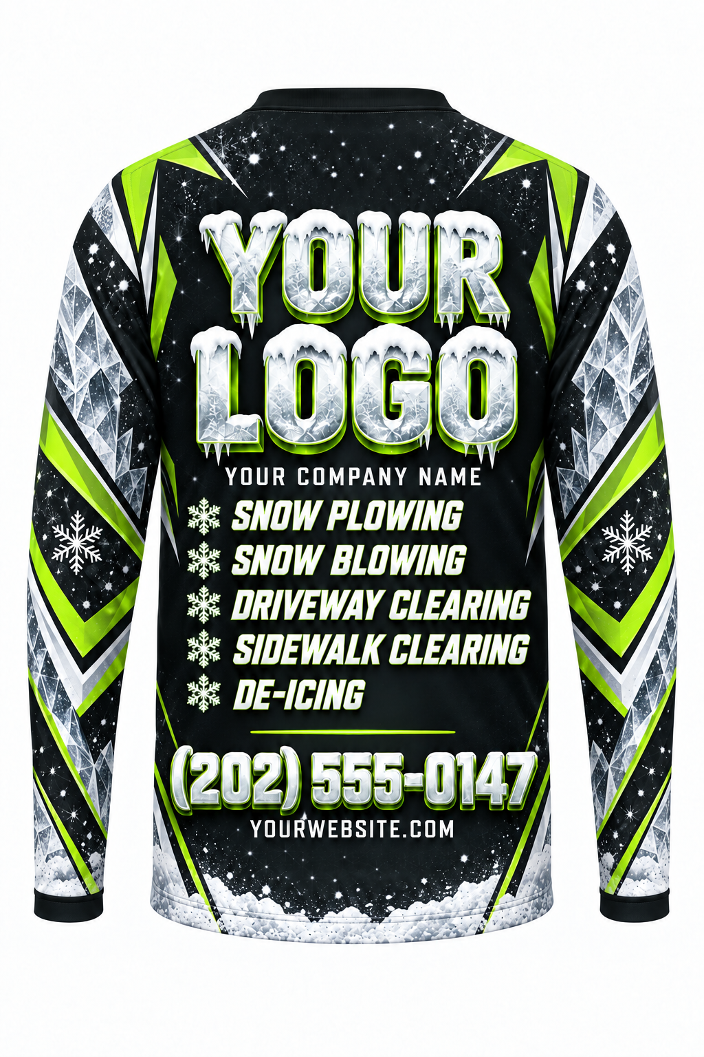 Lime Patrol B custom snow removal crew uniform, long sleeve back view