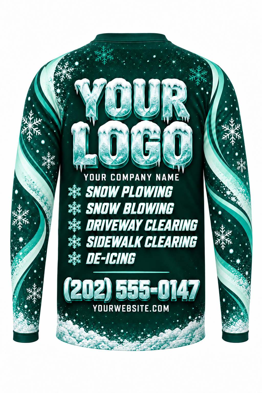 Teal Glacier A custom snow removal crew uniform, long sleeve back view