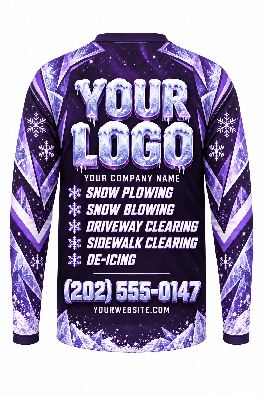 Violet Aurora B custom snow removal crew uniform, long sleeve back view