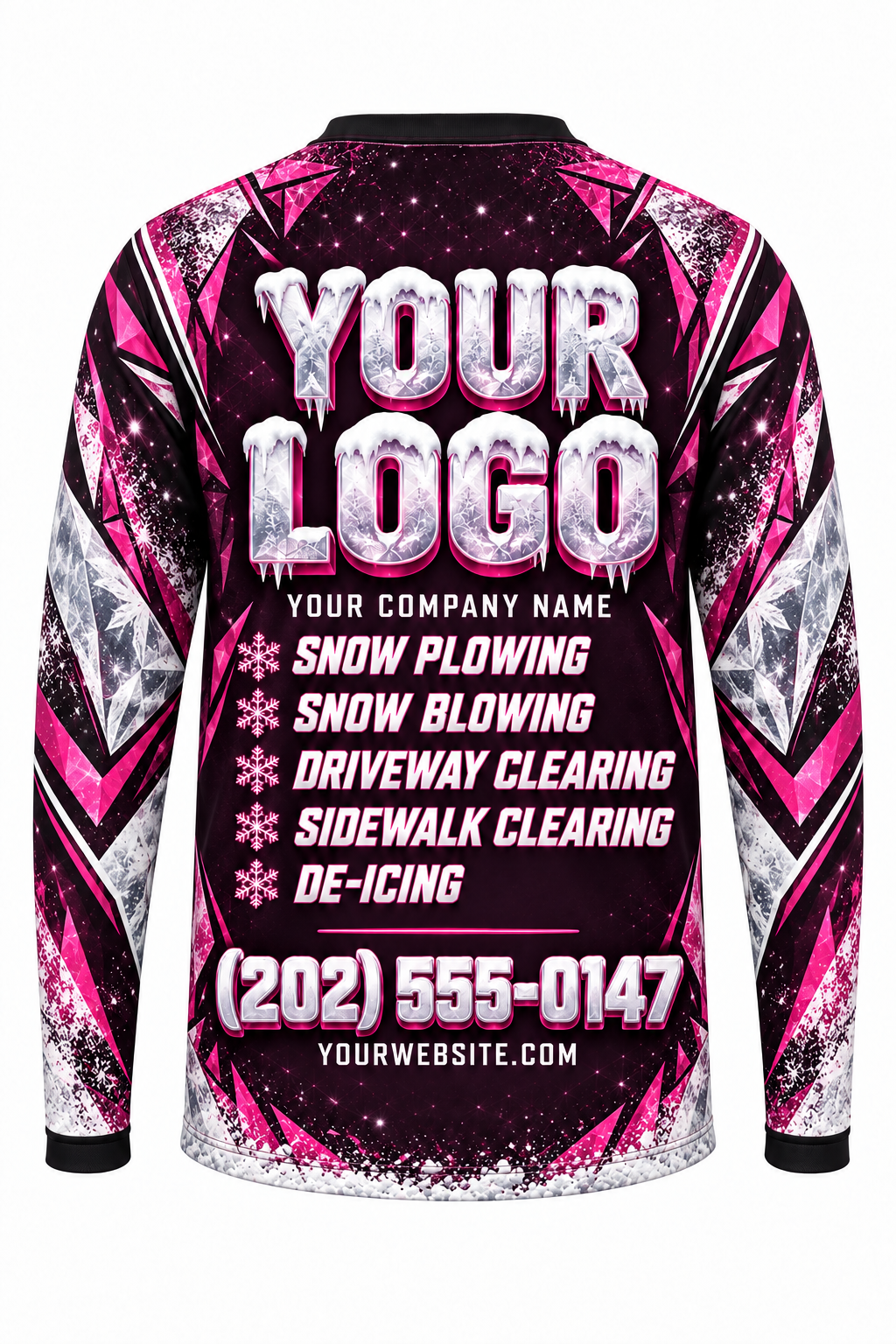 Magenta Blizzard B custom snow removal crew uniform, long sleeve back view