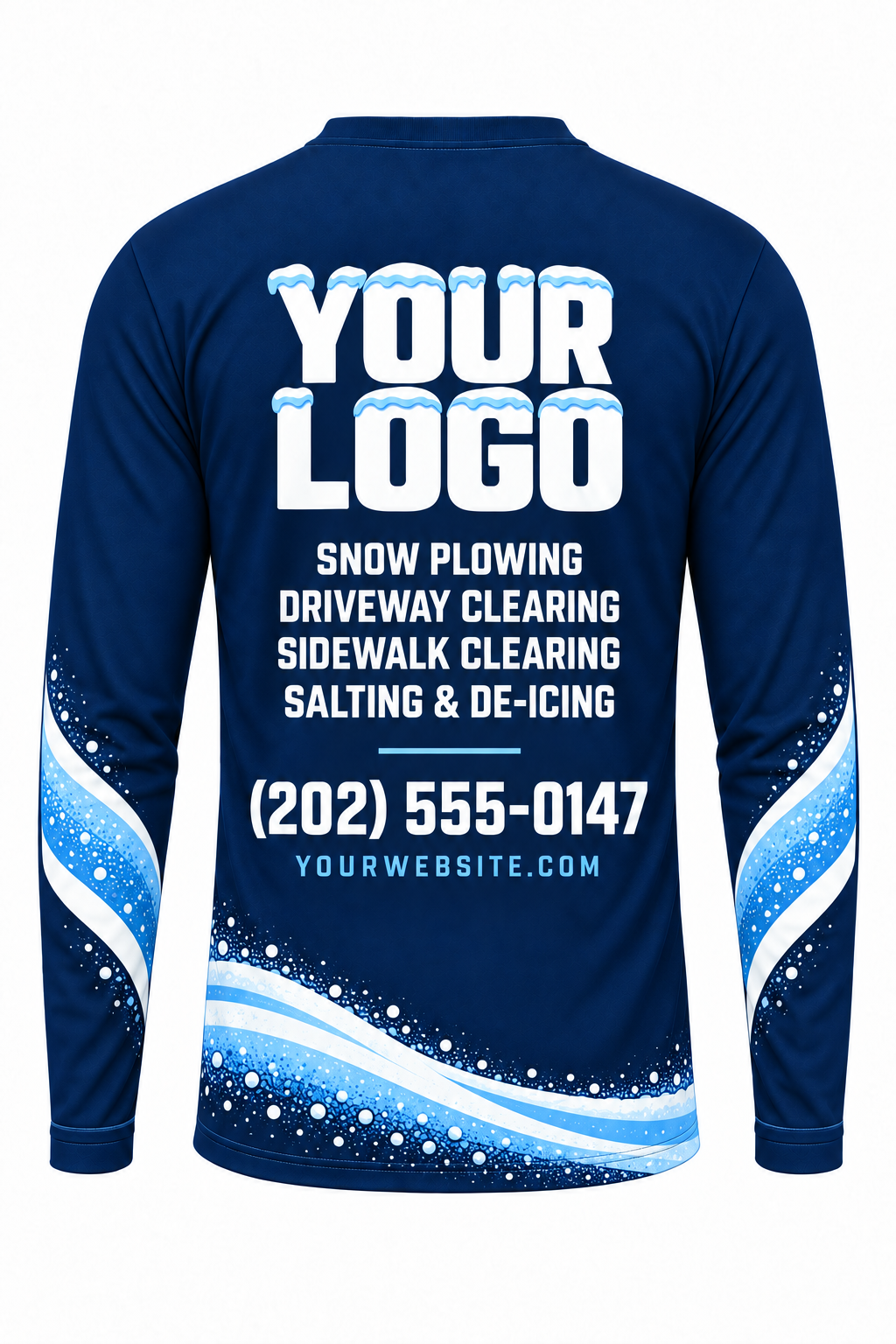 Navy Plow Drift custom snow removal crew uniform, long sleeve back view