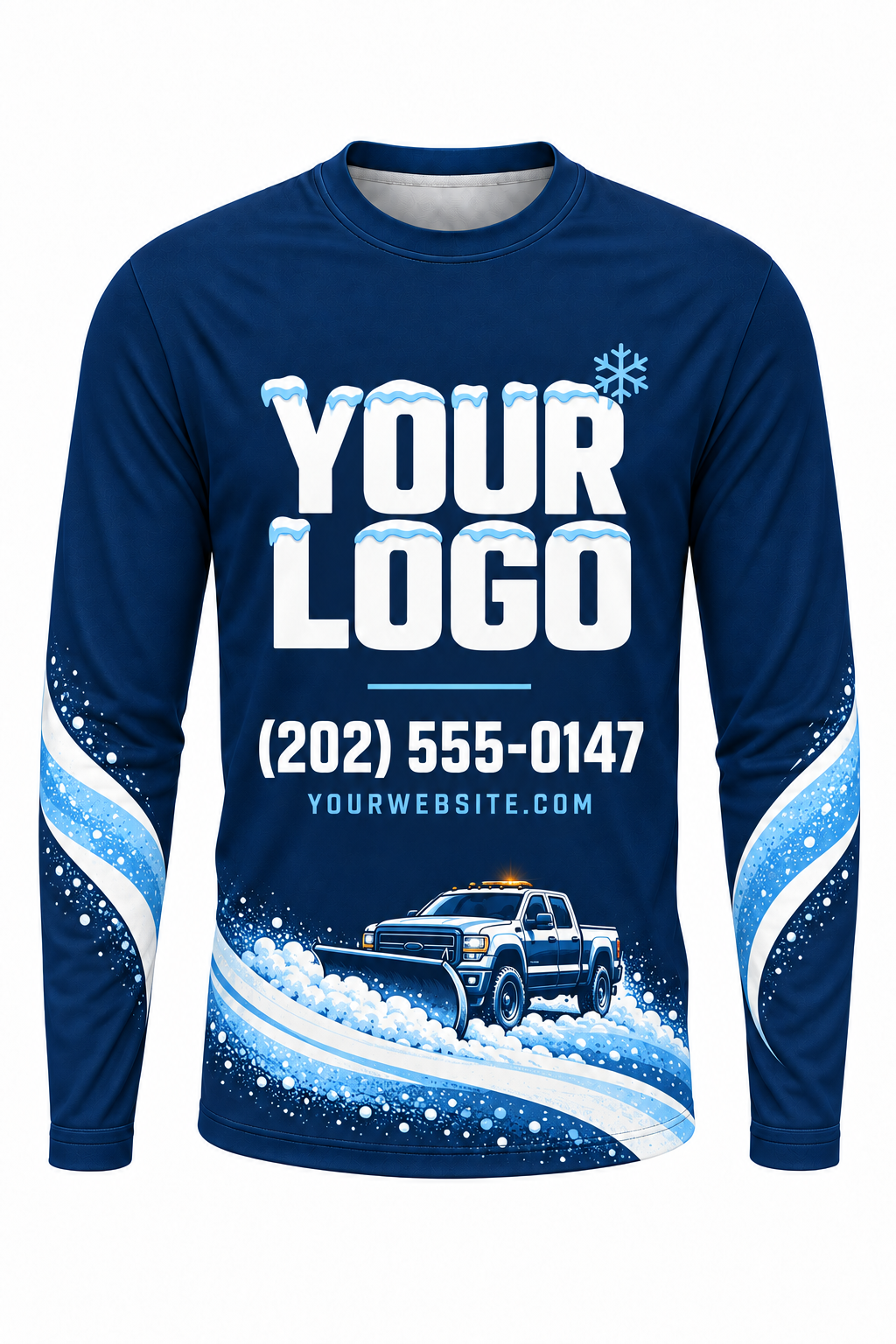 Navy Plow Drift custom snow removal crew uniform, long sleeve front view