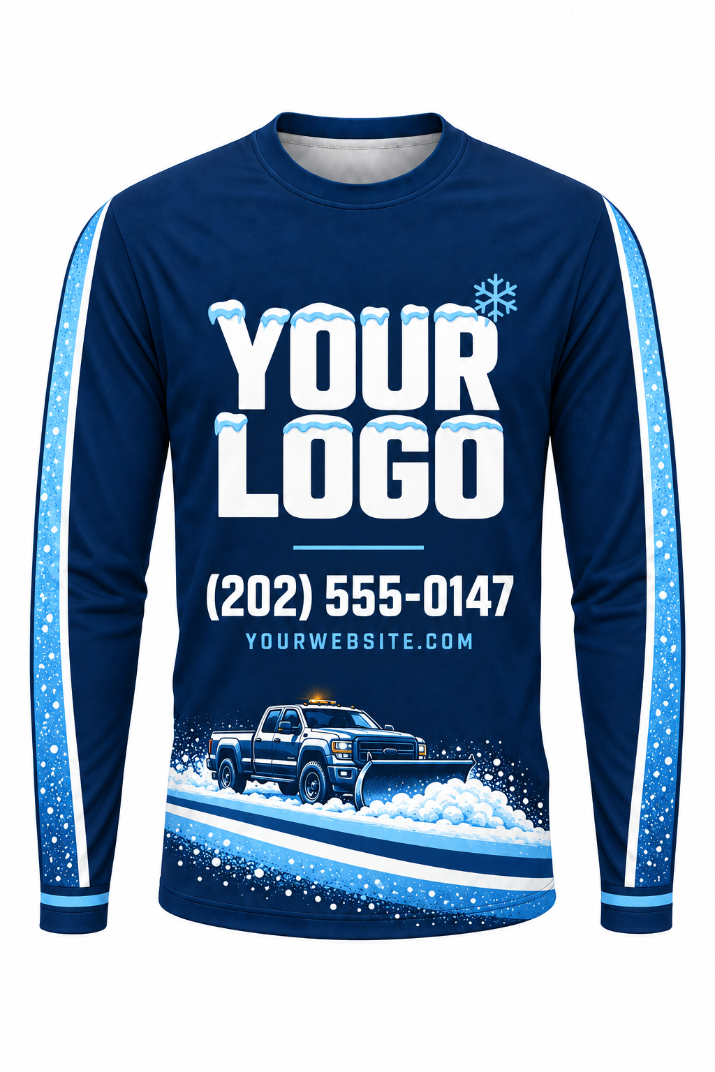 Navy Plow Trail custom snow removal crew uniform, long sleeve front view