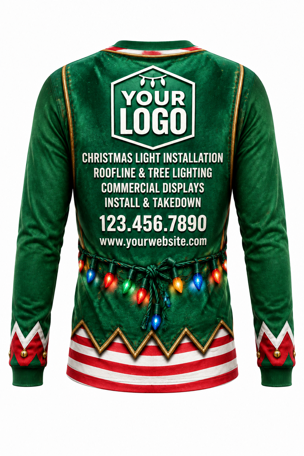 Elf Dad Bod funny Christmas light installer crew uniform, long sleeve back view