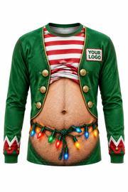 Elf Dad Bod funny Christmas light installer crew uniform, long sleeve front view