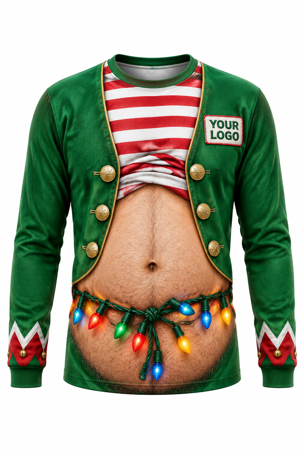 Elf Dad Bod funny Christmas light installer crew uniform, long sleeve front view