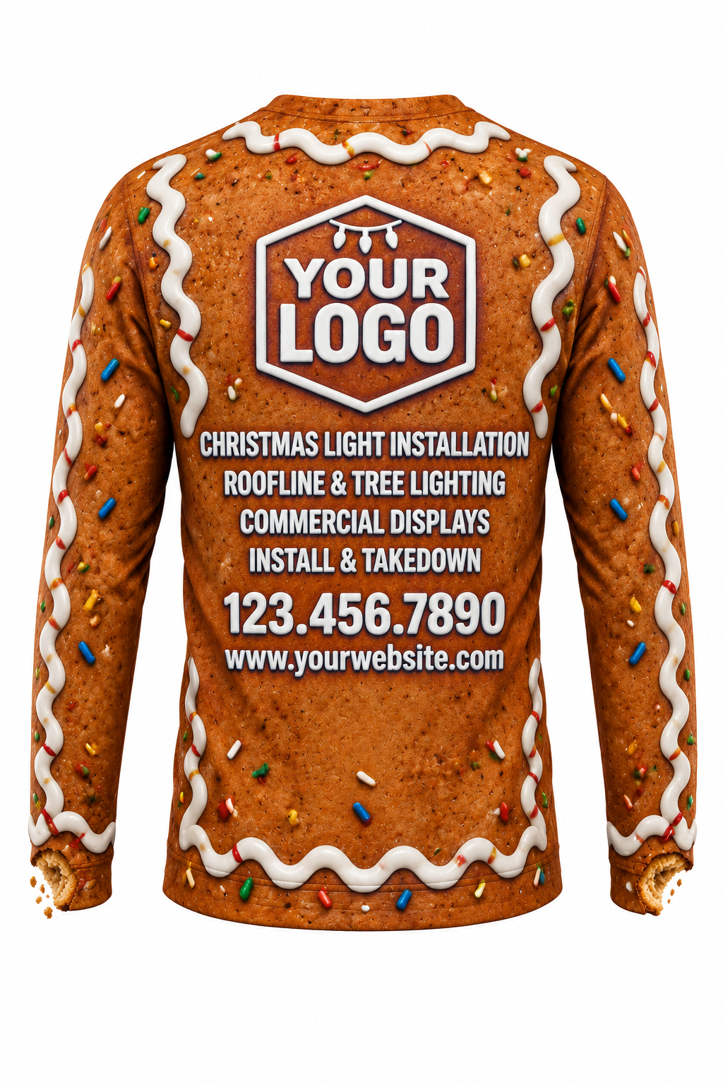 Gingerbread Crew funny Christmas light installer crew uniform, long sleeve back view
