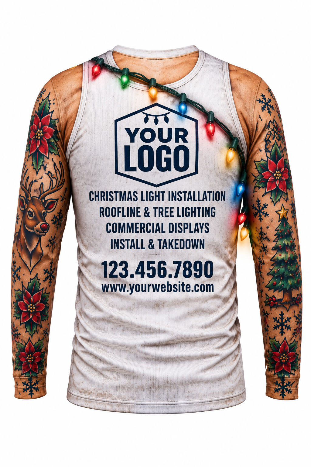 Ink and Lights funny Christmas light installer crew uniform, long sleeve back view
