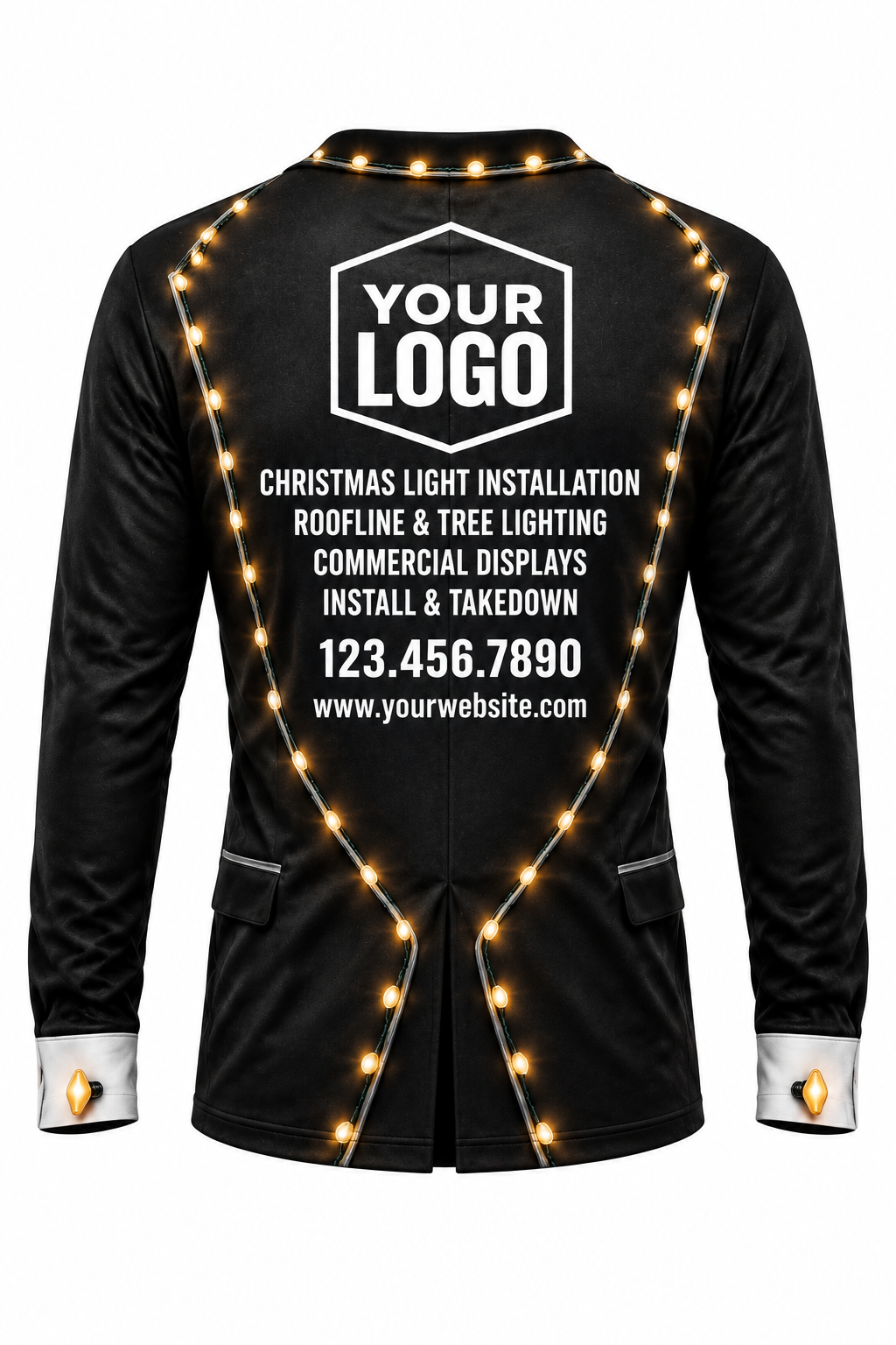 Light Tux funny Christmas light installer crew uniform, long sleeve back view