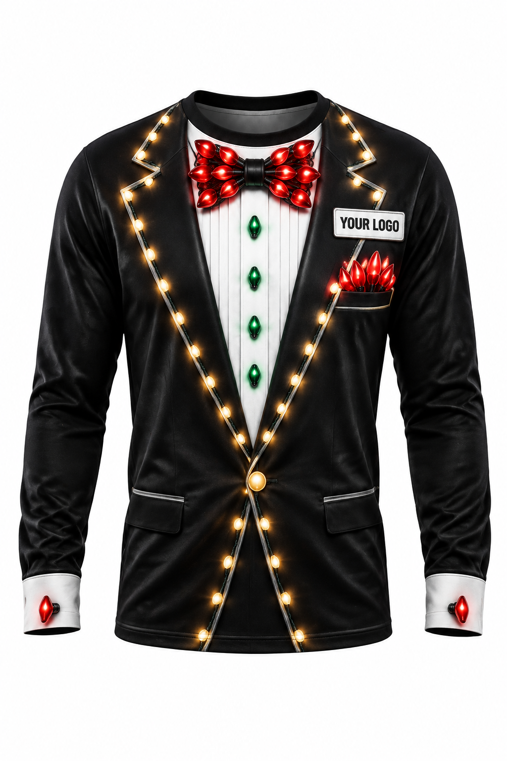 Light Tux funny Christmas light installer crew uniform, long sleeve front view