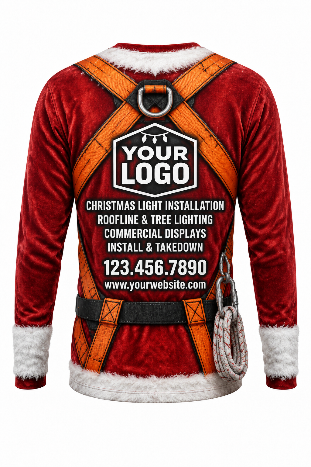 Roof Ready Santa funny Christmas light installer crew uniform, long sleeve back view