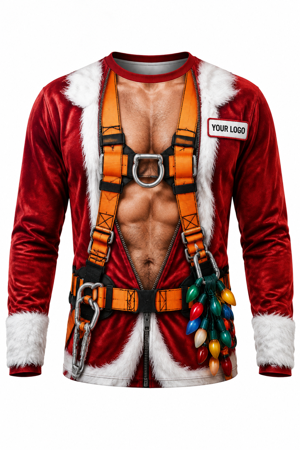 Roof Ready Santa funny Christmas light installer crew uniform, long sleeve front view