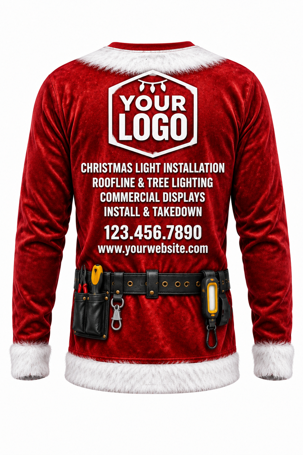 Santa Six Pack funny Christmas light installer crew uniform, long sleeve back view