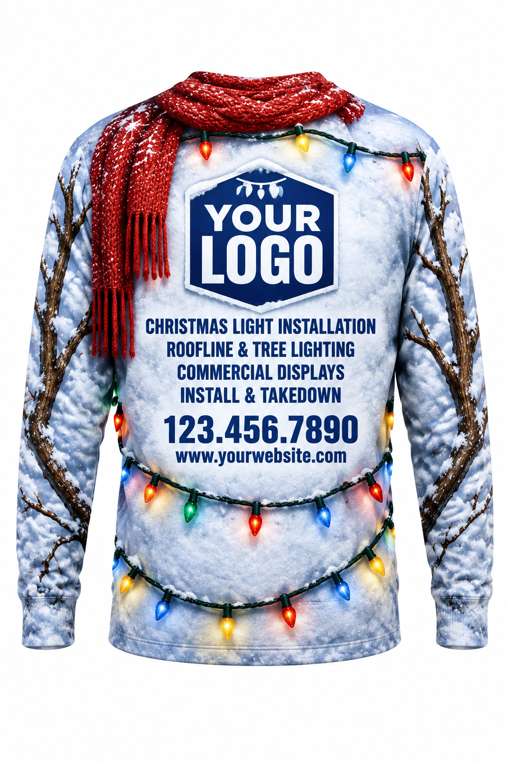 Snowman Mode funny Christmas light installer crew uniform, long sleeve back view