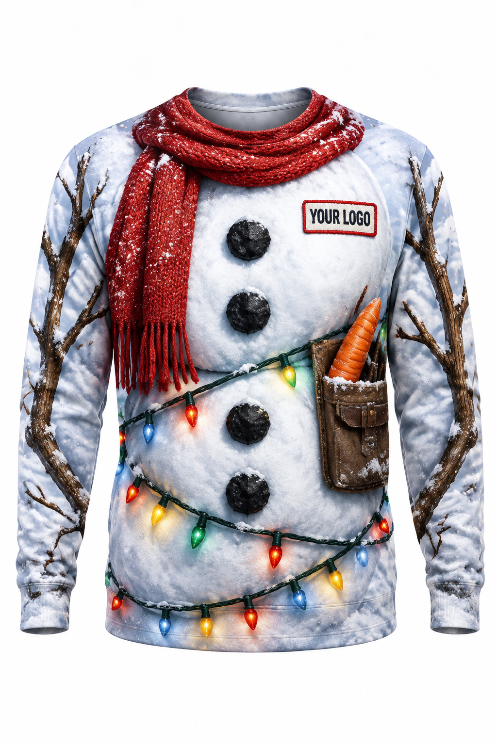 Snowman Mode funny Christmas light installer crew uniform, long sleeve front view
