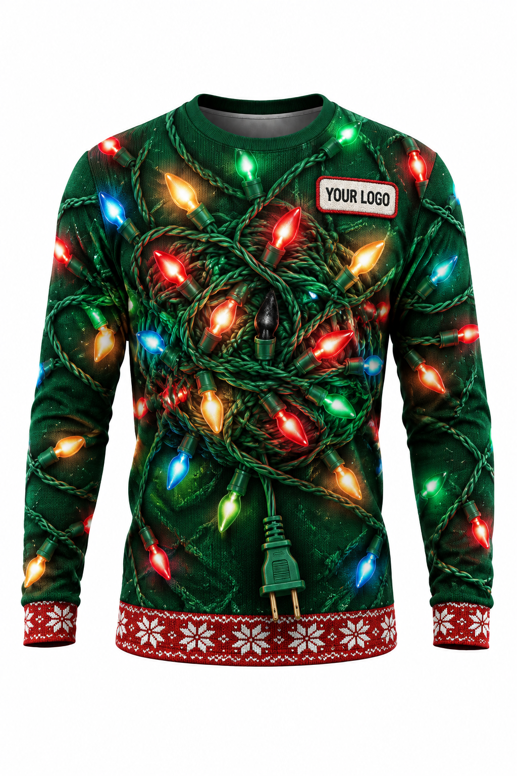 Tangled Up funny Christmas light installer crew uniform, long sleeve front view