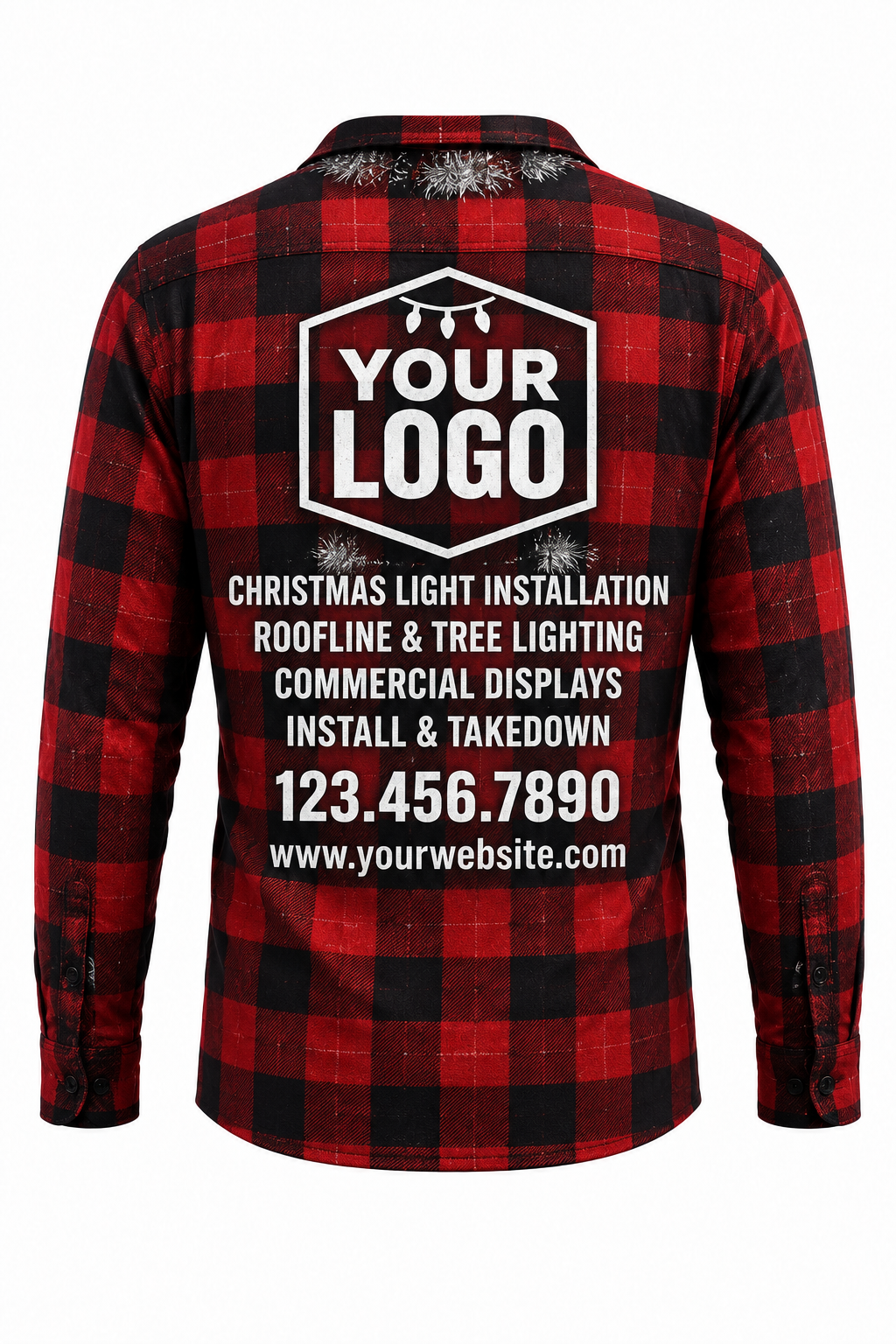Tinsel Chest funny Christmas light installer crew uniform, long sleeve back view