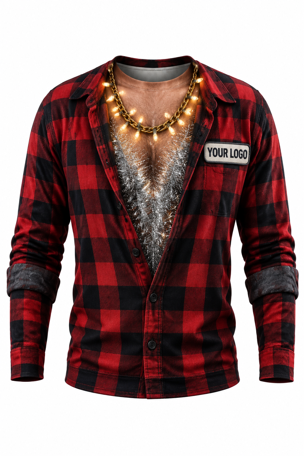 Tinsel Chest funny Christmas light installer crew uniform, long sleeve front view