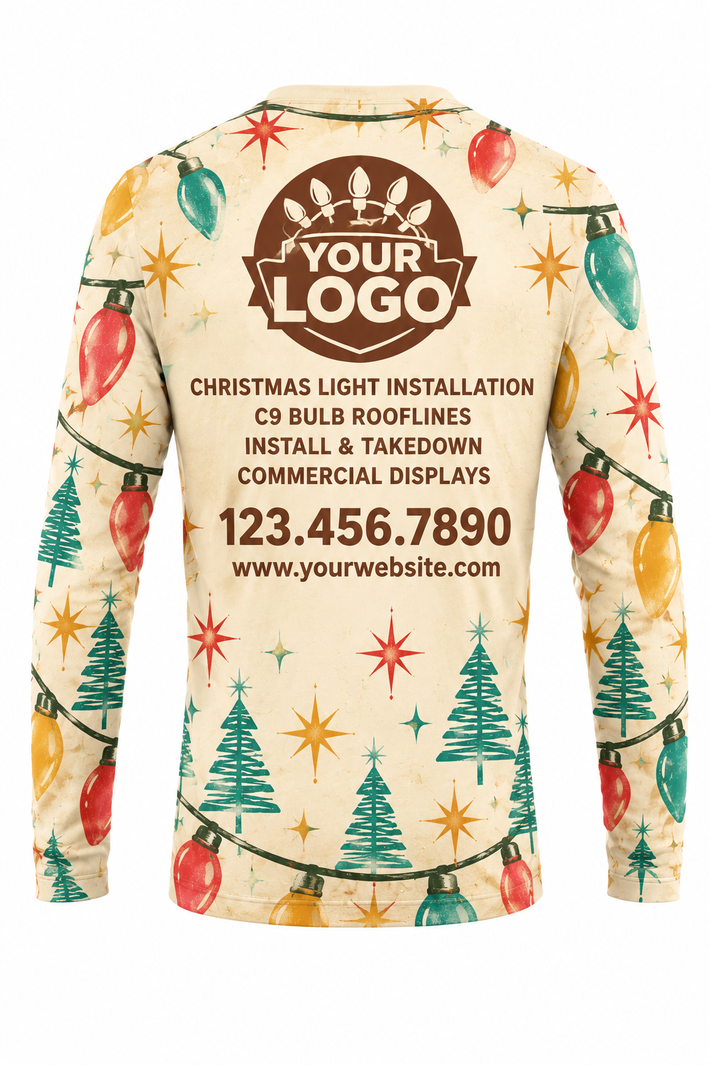 Retro C9 Ornament Era Christmas light installer crew uniform, long sleeve back view