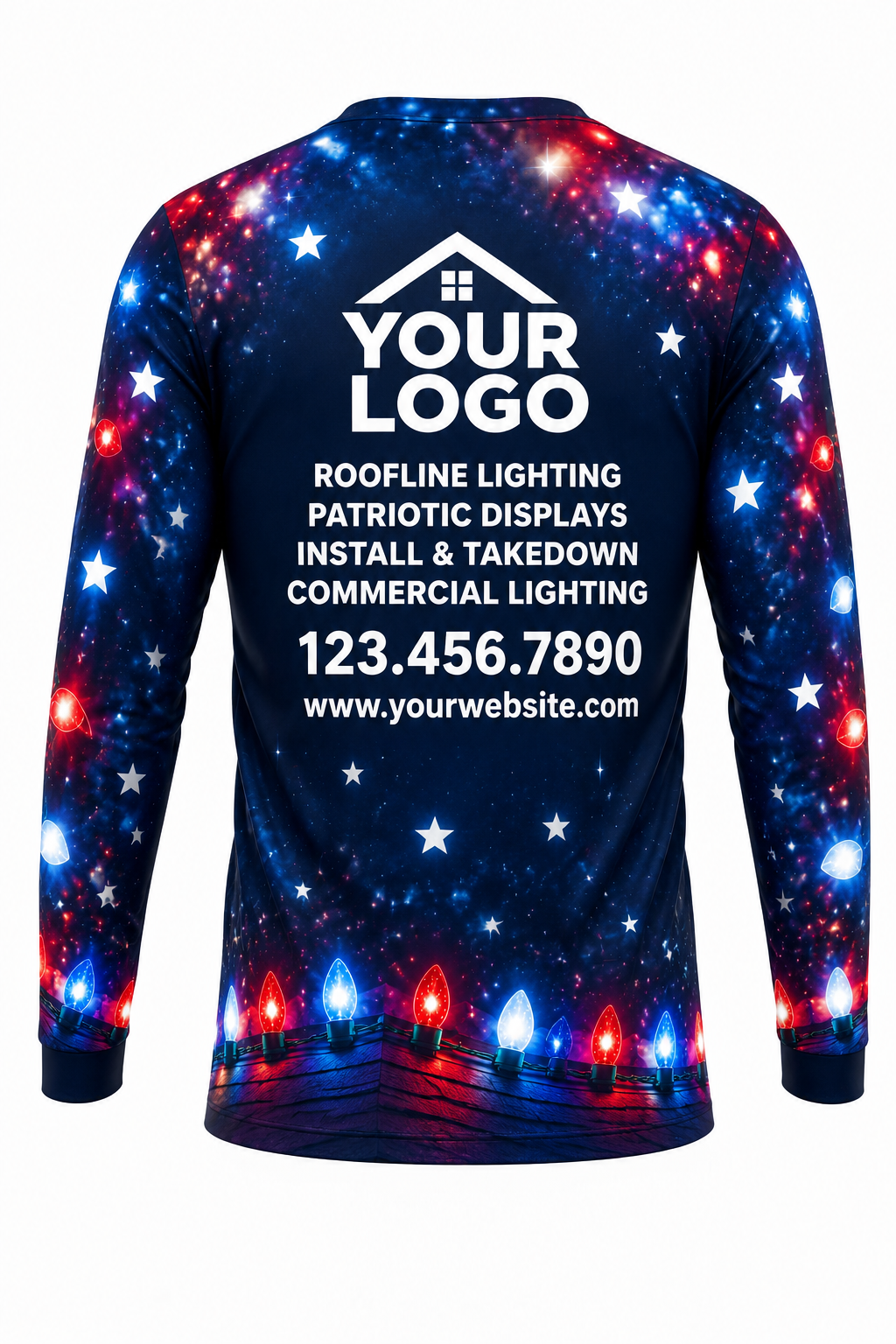 Stars & Stripes Roofline Christmas light installer crew uniform, long sleeve back view