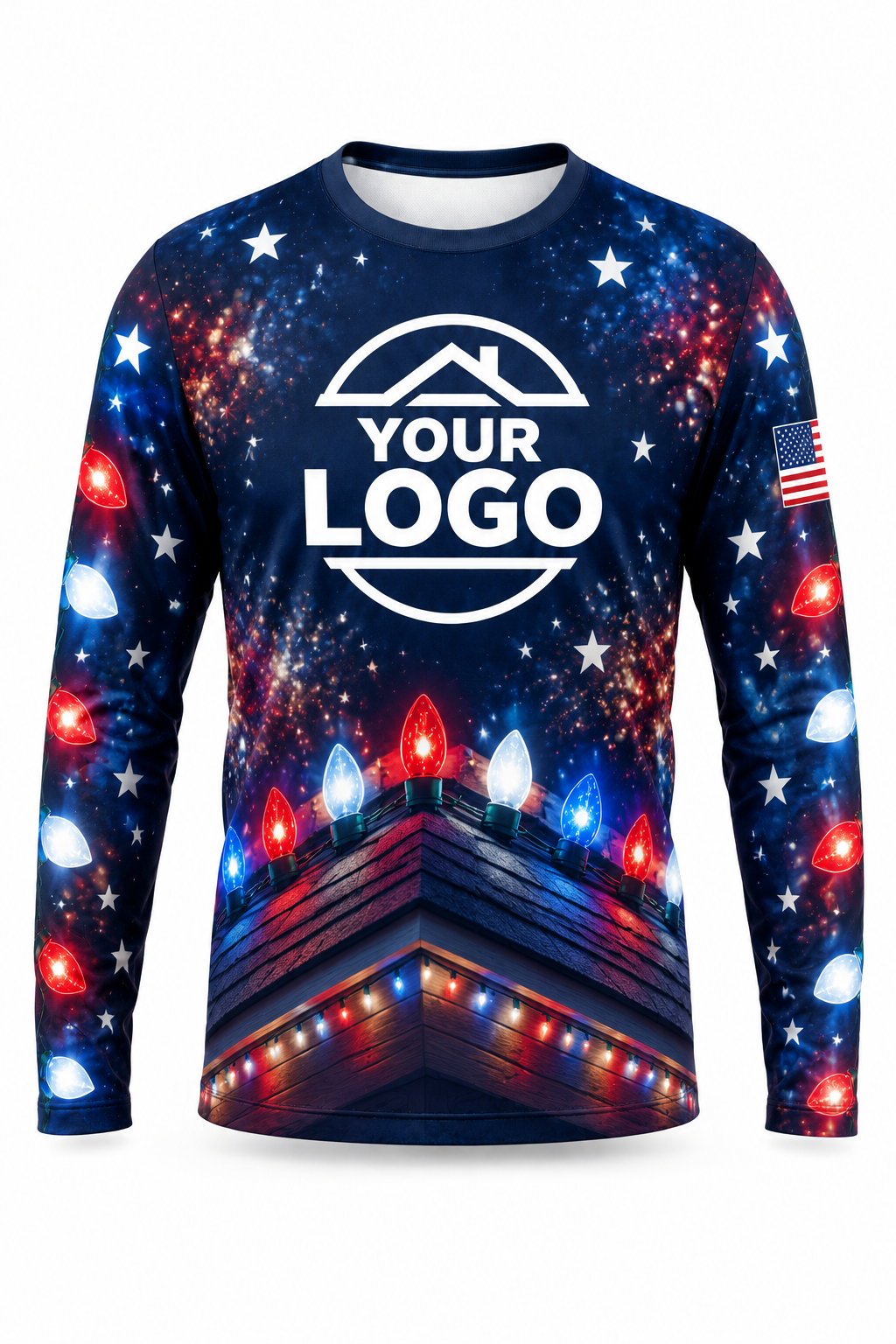 Stars & Stripes Roofline Christmas light installer crew uniform, long sleeve front view