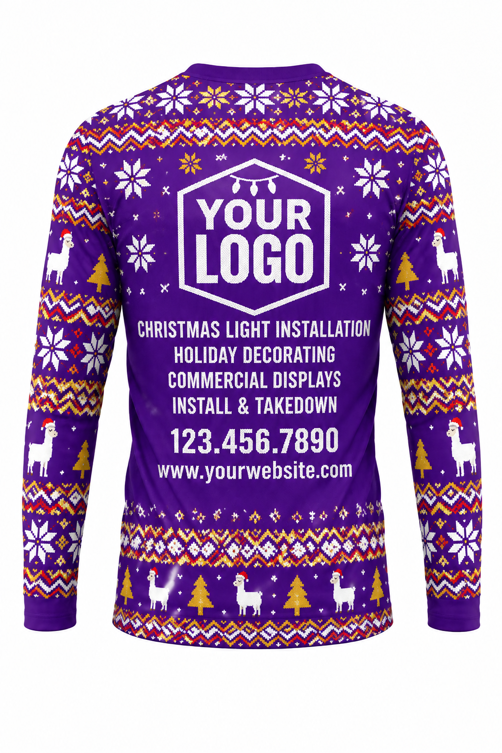 Fa La La Llama ugly Christmas sweater crew uniform, long sleeve back view