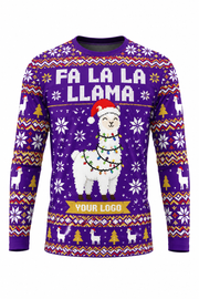 Fa La La Llama ugly Christmas sweater crew uniform, long sleeve front view