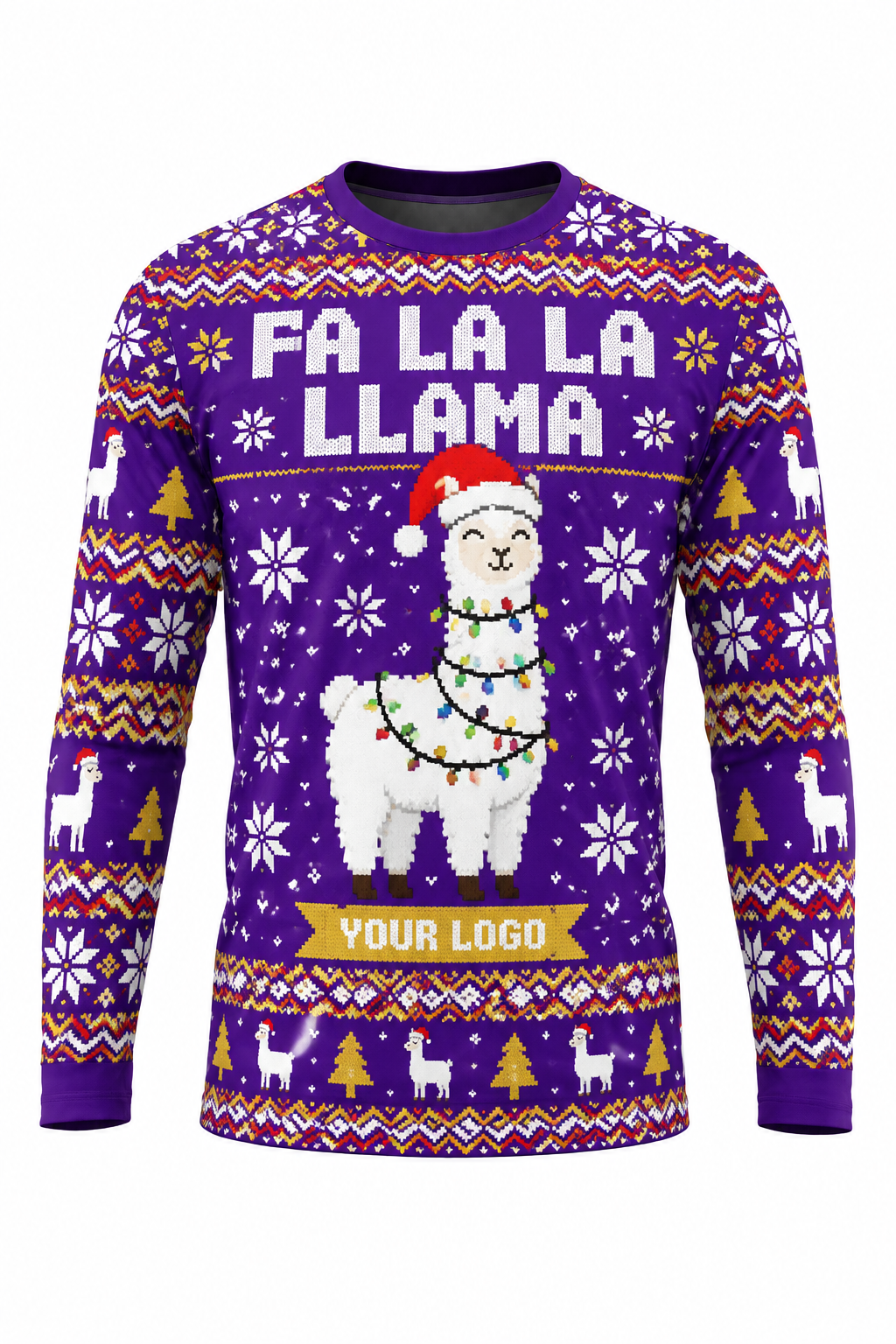 Fa La La Llama ugly Christmas sweater crew uniform, long sleeve front view