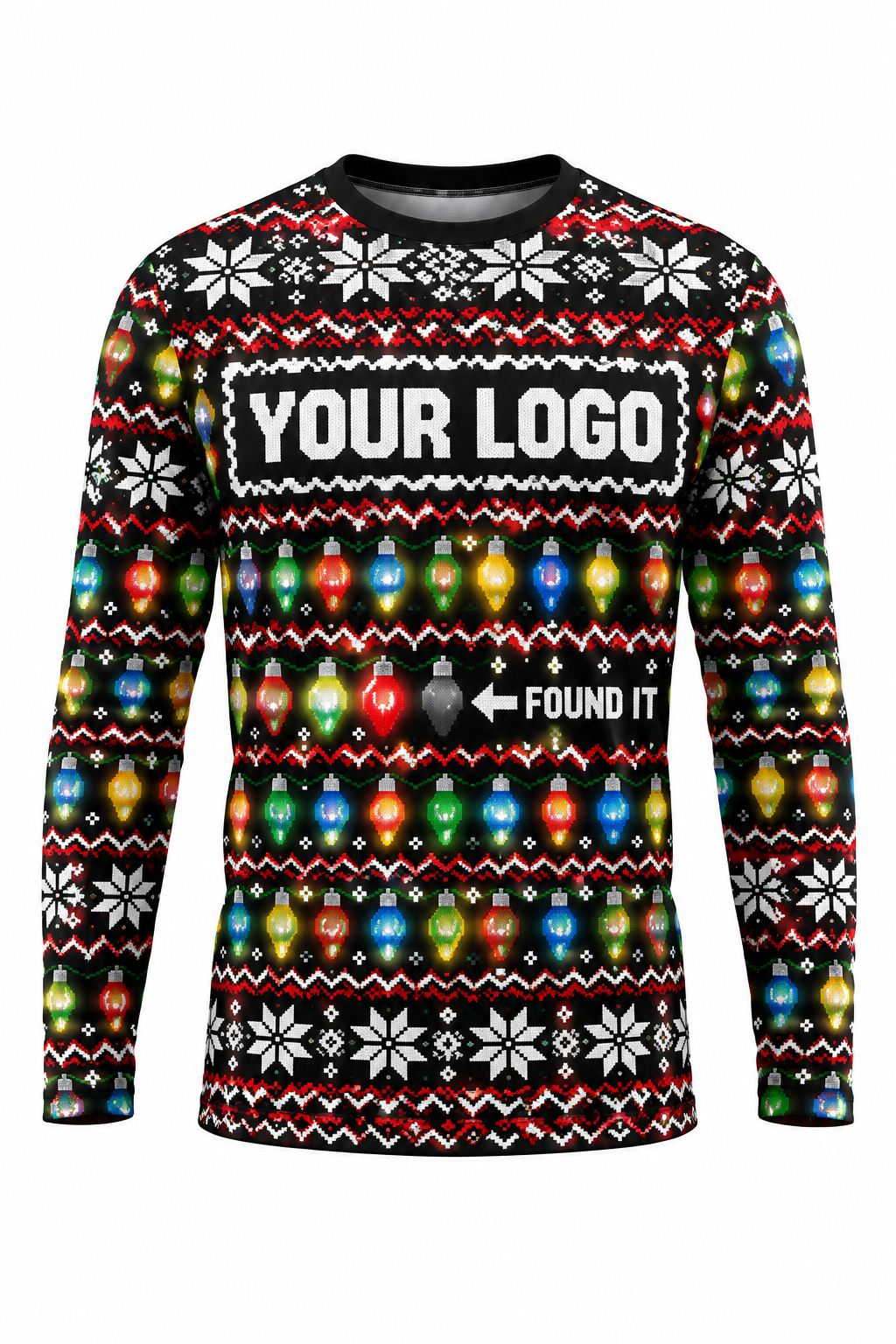Found The Bulb ugly Christmas sweater crew uniform, long sleeve front view