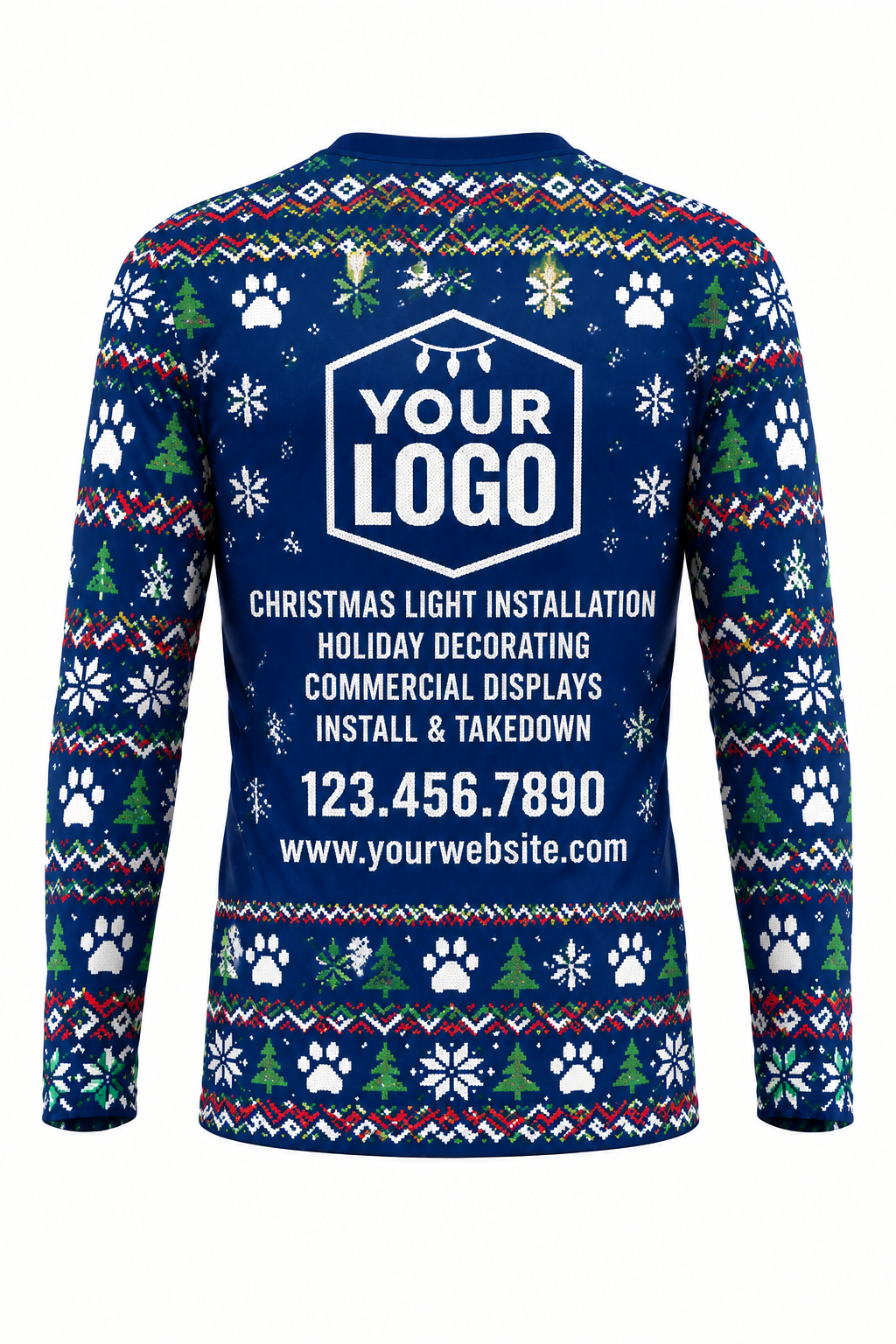 Meowy Mayhem ugly Christmas sweater crew uniform, long sleeve back view