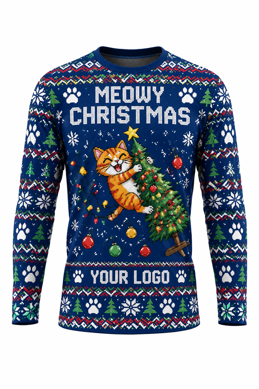 Meowy Mayhem ugly Christmas sweater crew uniform, long sleeve front view
