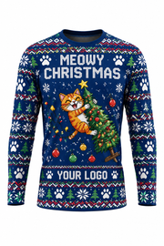 Meowy Mayhem ugly Christmas sweater crew uniform, long sleeve front view