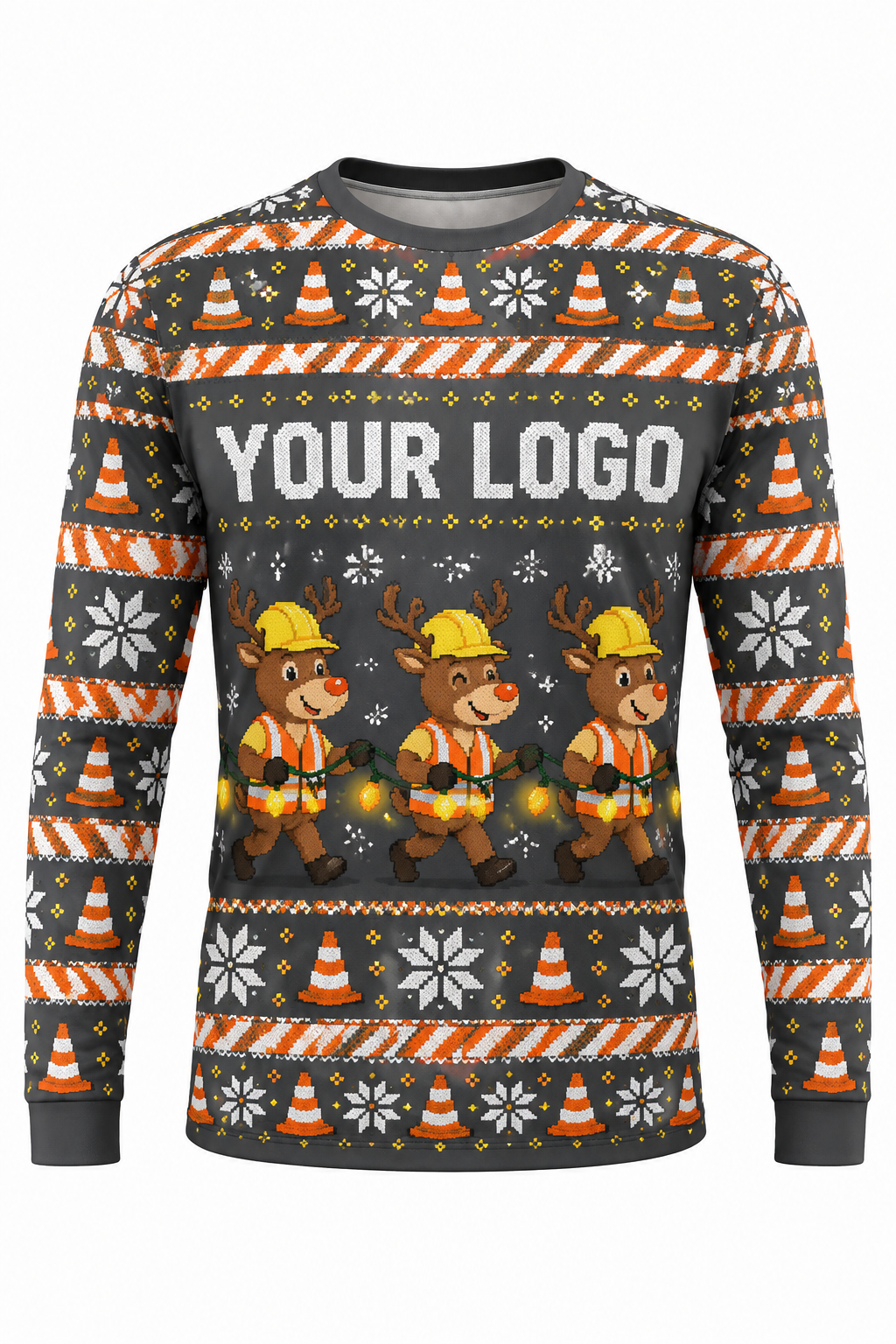 Reindeer Safety Crew ugly Christmas sweater crew uniform, long sleeve front view