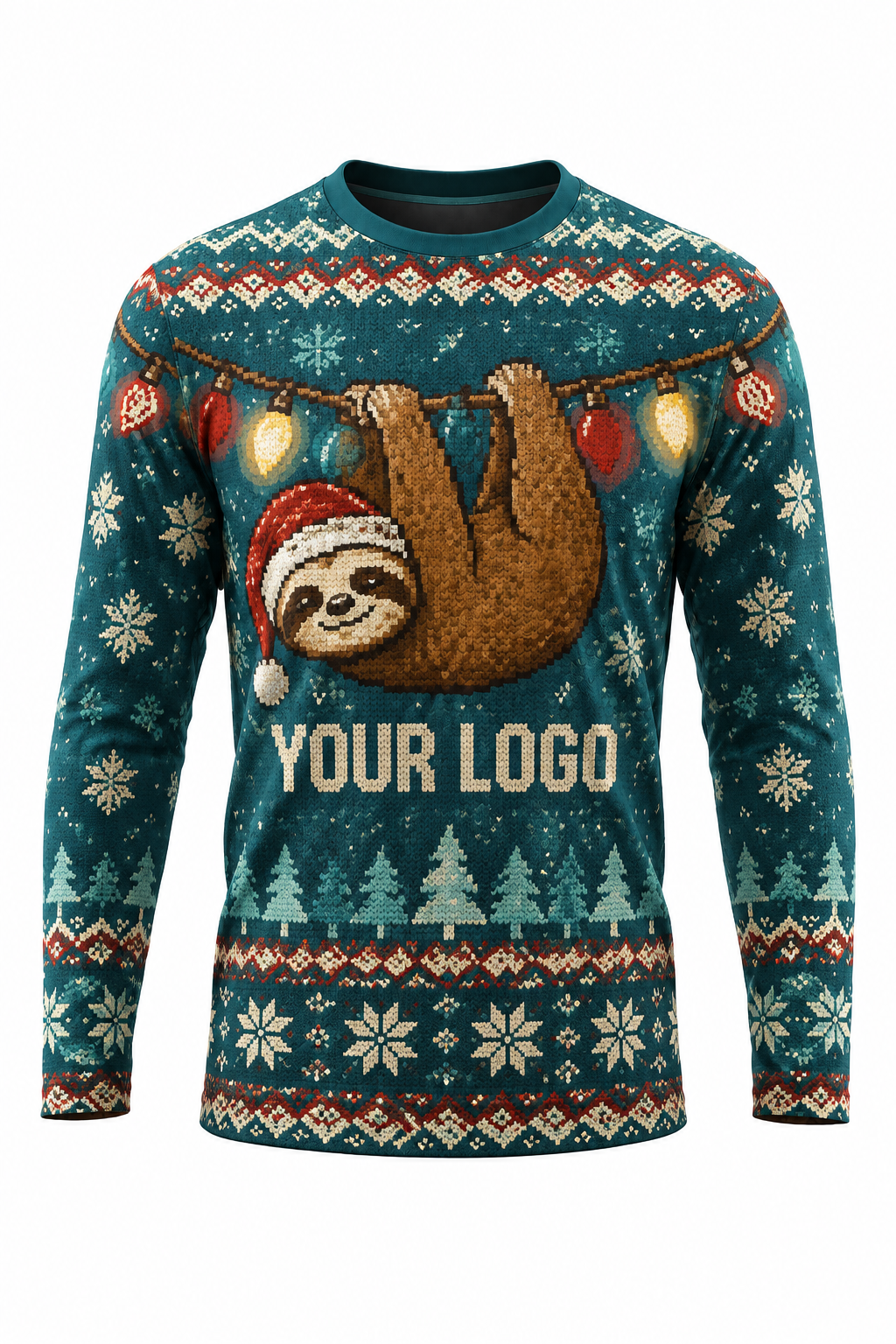 Sloth Installer ugly Christmas sweater crew uniform, long sleeve front view