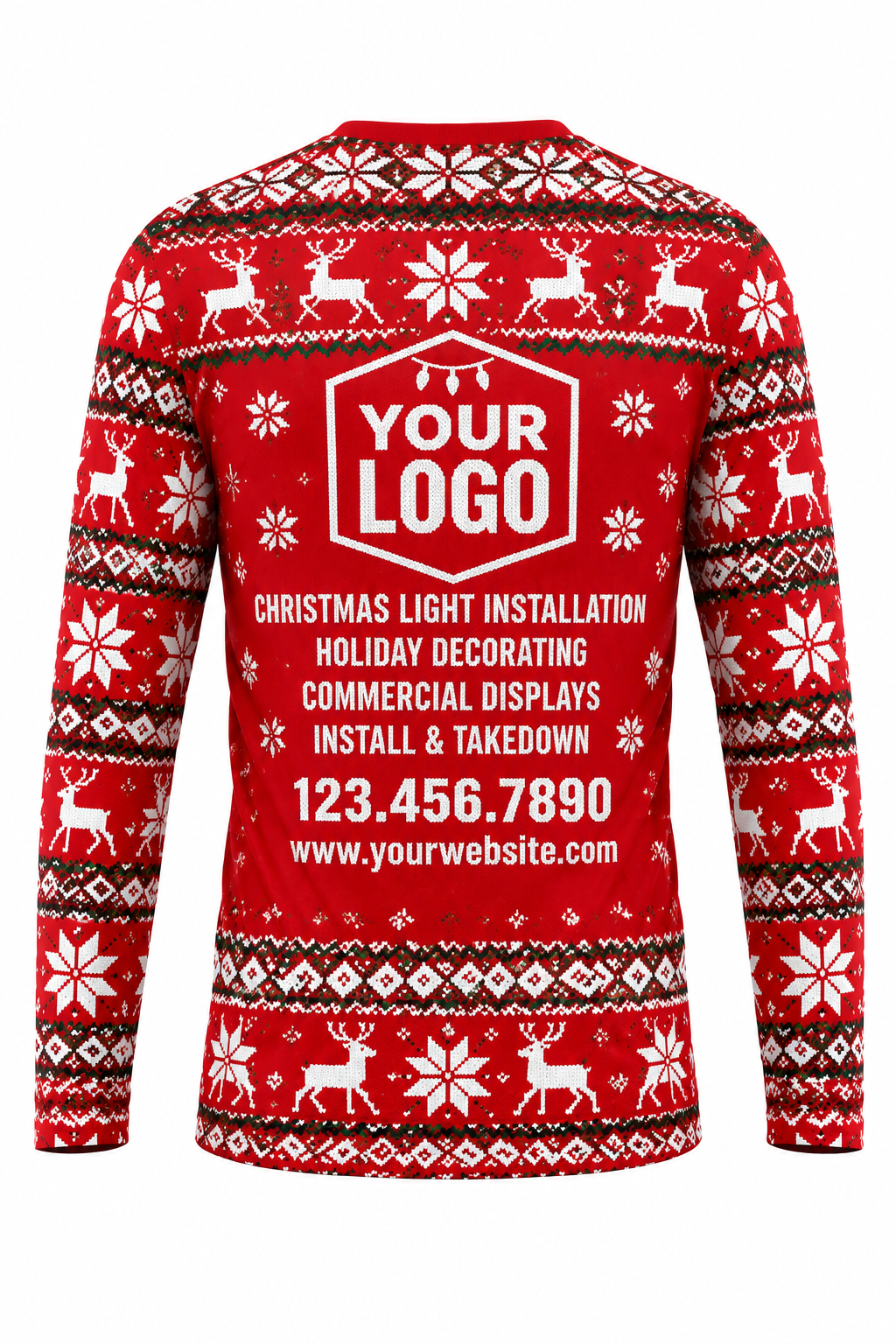 T-Rex Trouble ugly Christmas sweater crew uniform, long sleeve back view