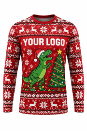 T-Rex Trouble ugly Christmas sweater crew uniform, long sleeve front view