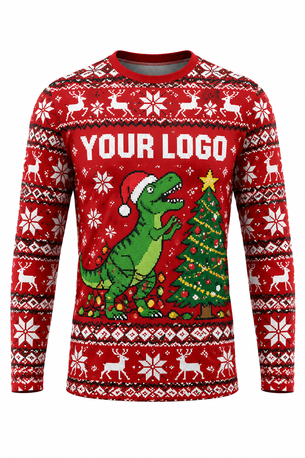 T-Rex Trouble ugly Christmas sweater crew uniform, long sleeve front view