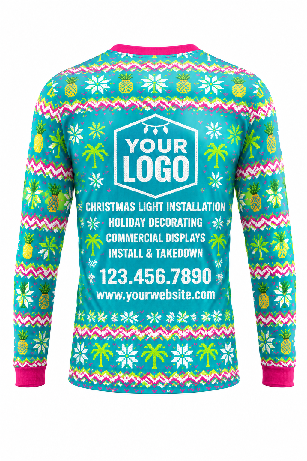 Tropical Noel ugly Christmas sweater crew uniform, long sleeve back view