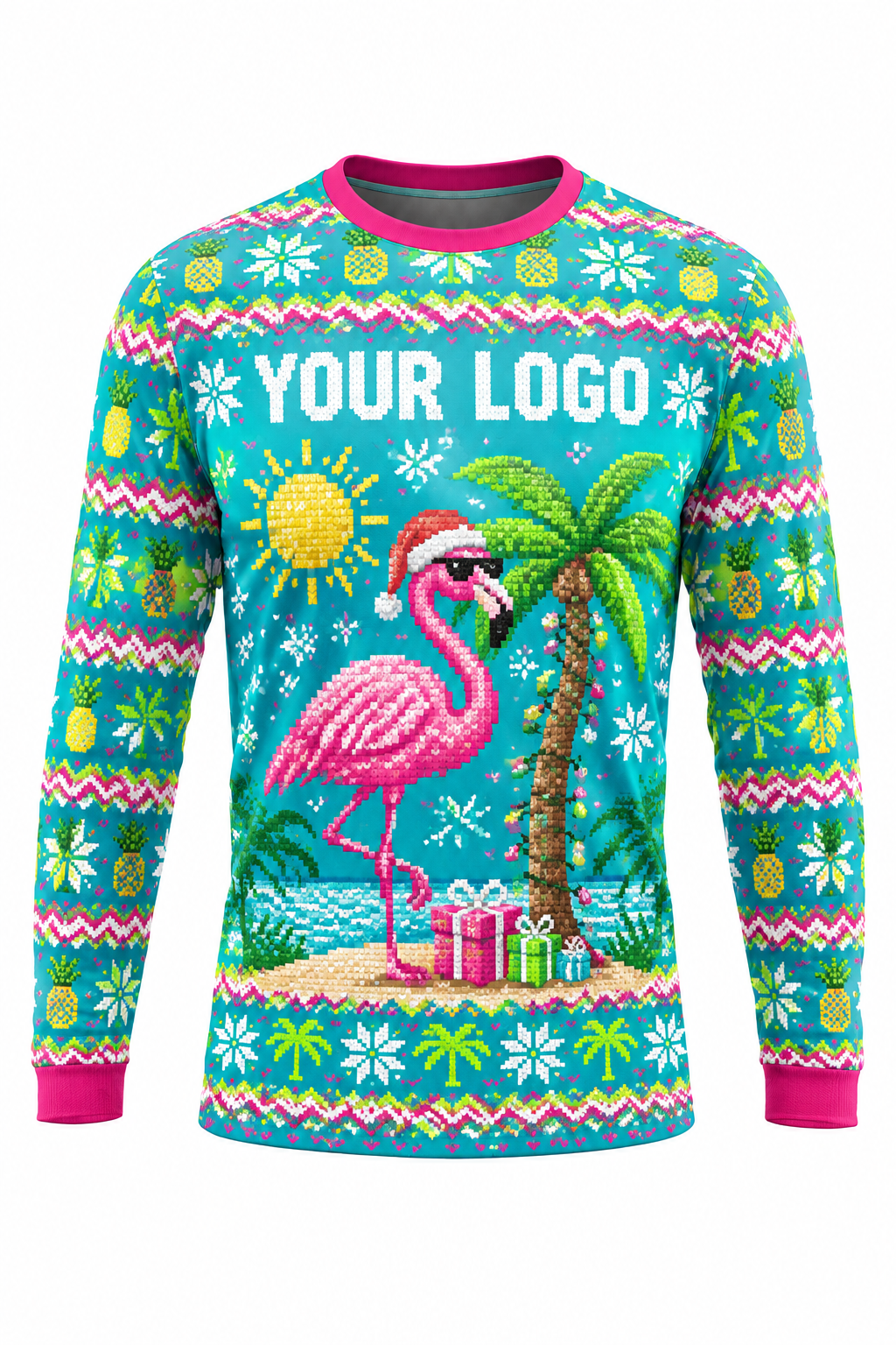 Tropical Noel ugly Christmas sweater crew uniform, long sleeve front view