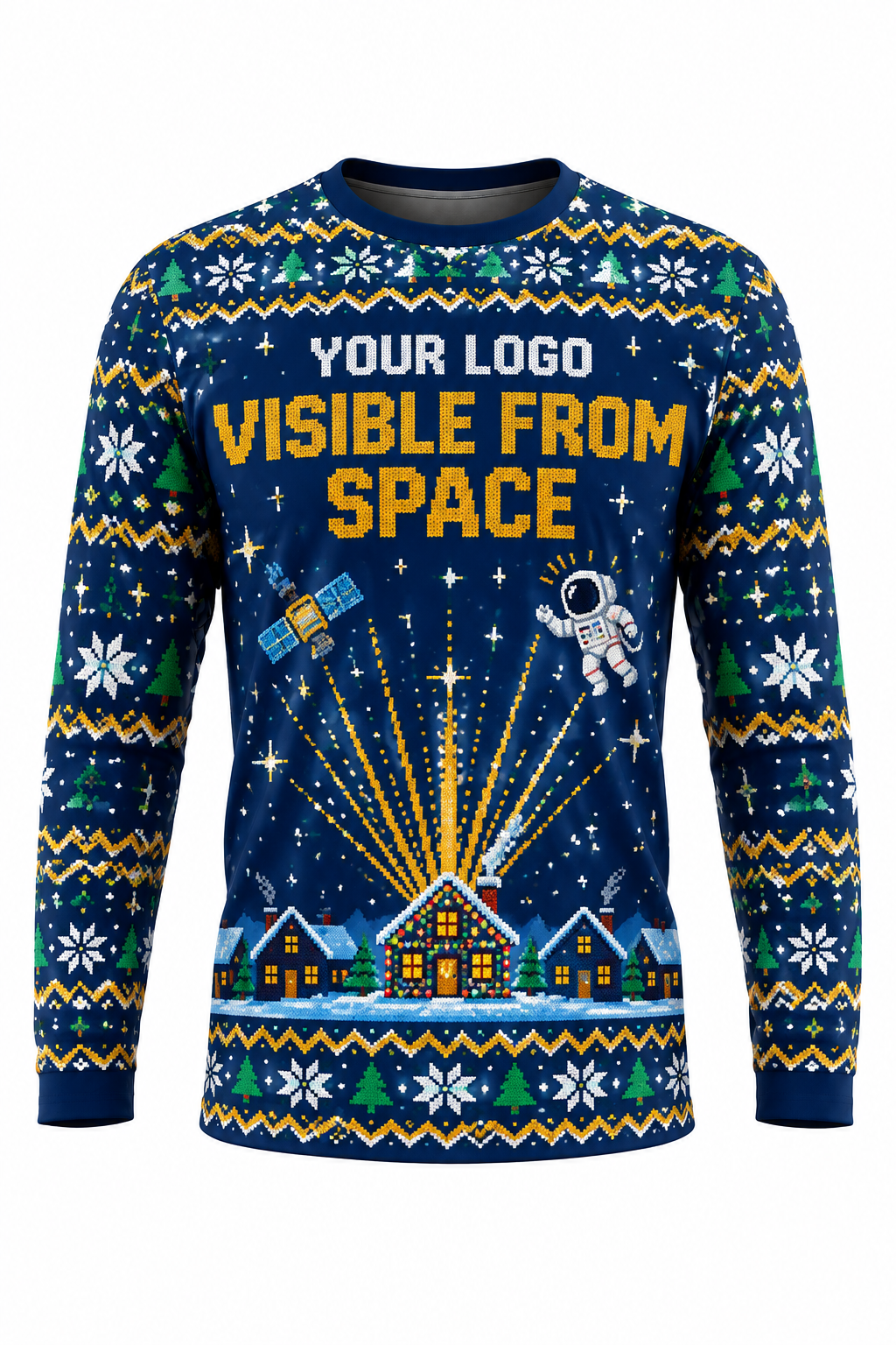 Visible From Space ugly Christmas sweater crew uniform, long sleeve front view