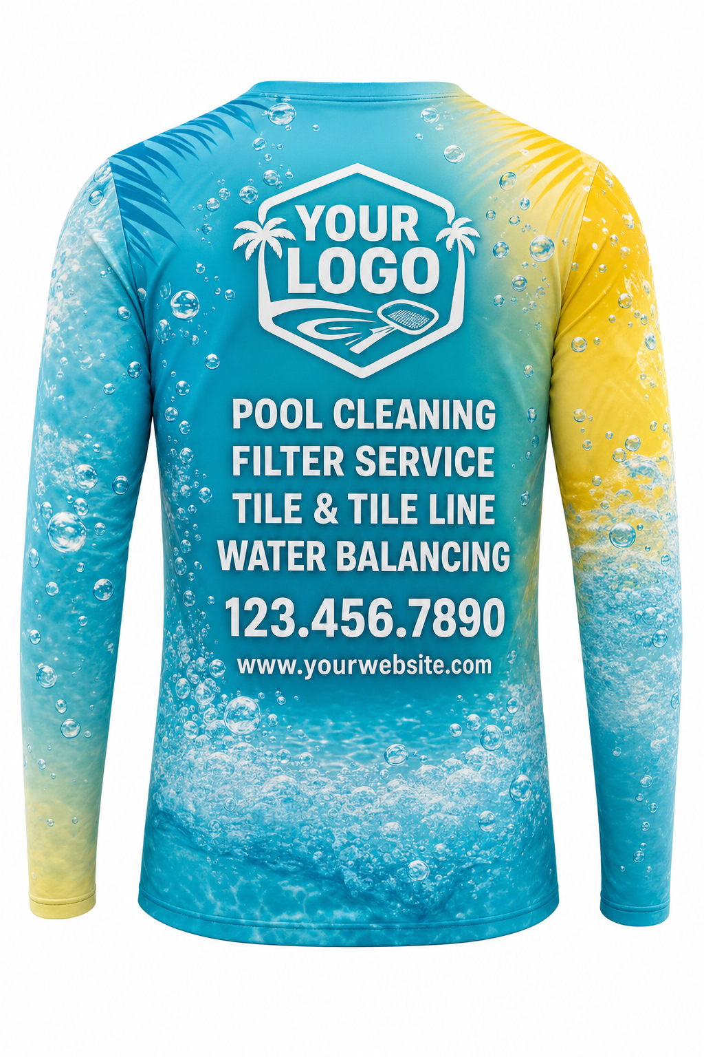 Tropical Bubbles custom pool cleaning crew uniform long-sleeve shirt — back (longsleeve-back)